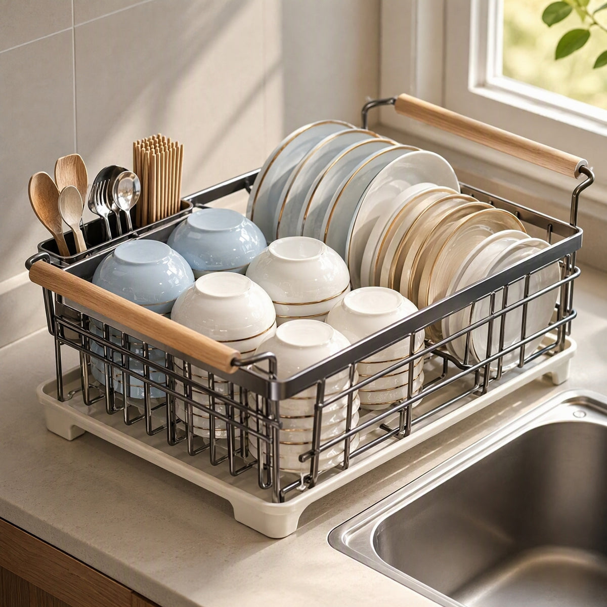 Drystack™ 304 Stainless Steel Dish Storage Rack, styled close view