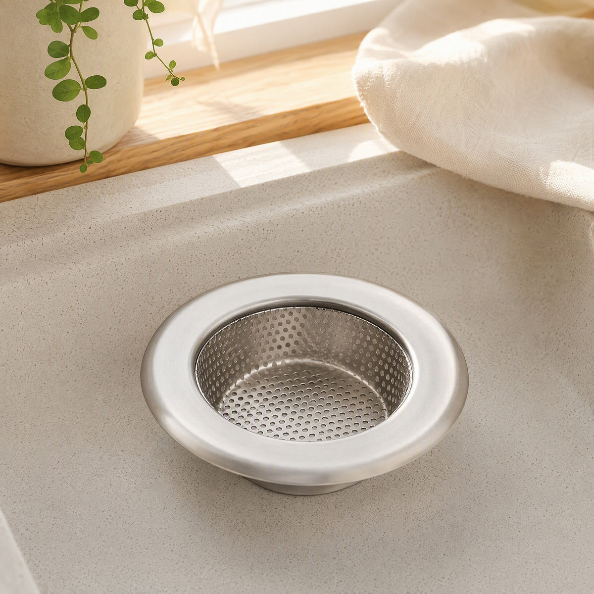 Crumbsift™ Stainless Steel Sink Drain Strainer in a calm home setting
