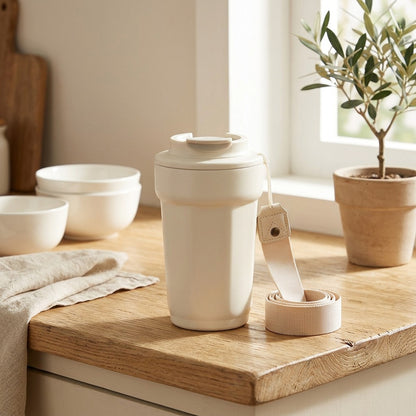 Ropebrew™ Stainless Steel Coffee Cup With Carrying Rope in a calm home setting