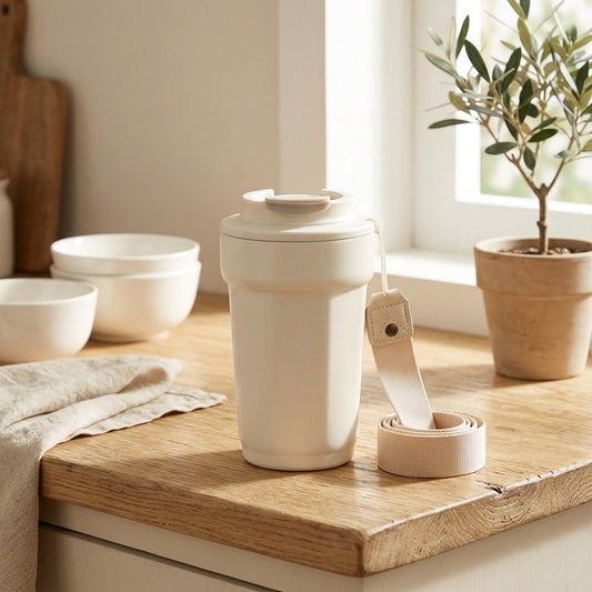 Ropebrew™ Stainless Steel Coffee Cup With Carrying Rope in a calm home setting