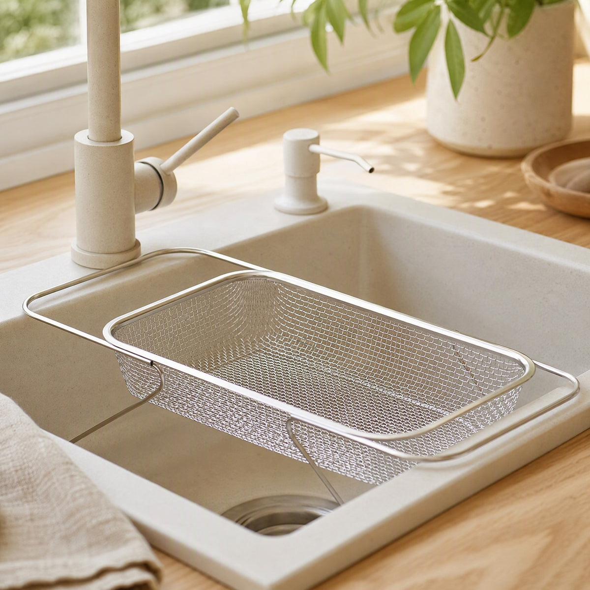 Scrapcup™ Stainless Steel Sink Drain Basket in a calm home setting