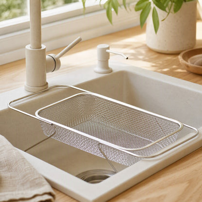 Scrapcup™ Stainless Steel Sink Drain Basket in a calm home setting