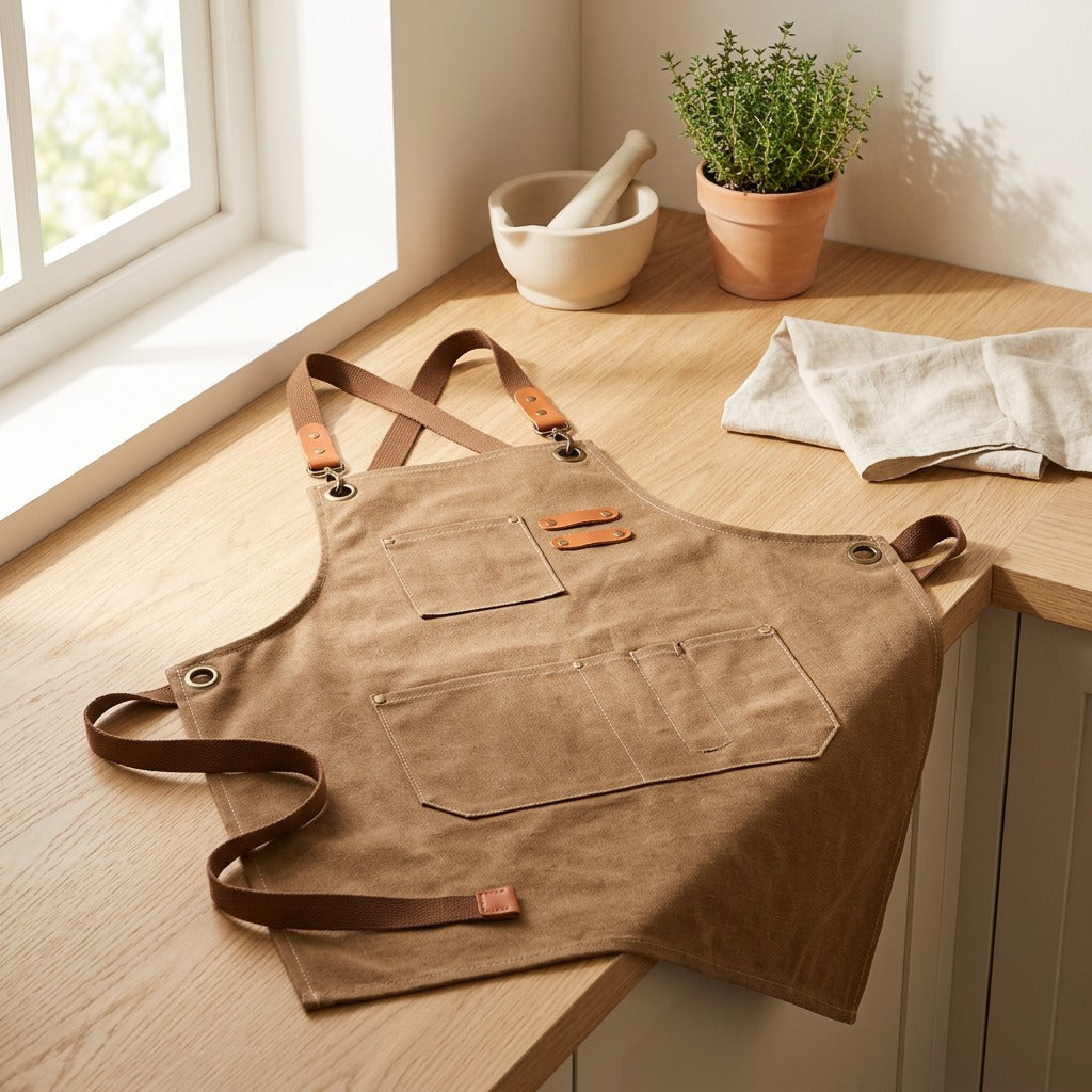 Fitcanvas™ Canvas Apron With Adjustable Fit in a calm home setting
