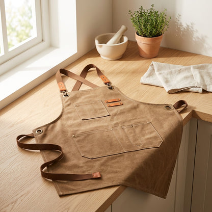 Fitcanvas™ Canvas Apron With Adjustable Fit in a calm home setting