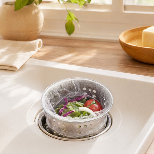 Scrapveil™ Disposable Nylon Sink Garbage Filter in a calm home setting