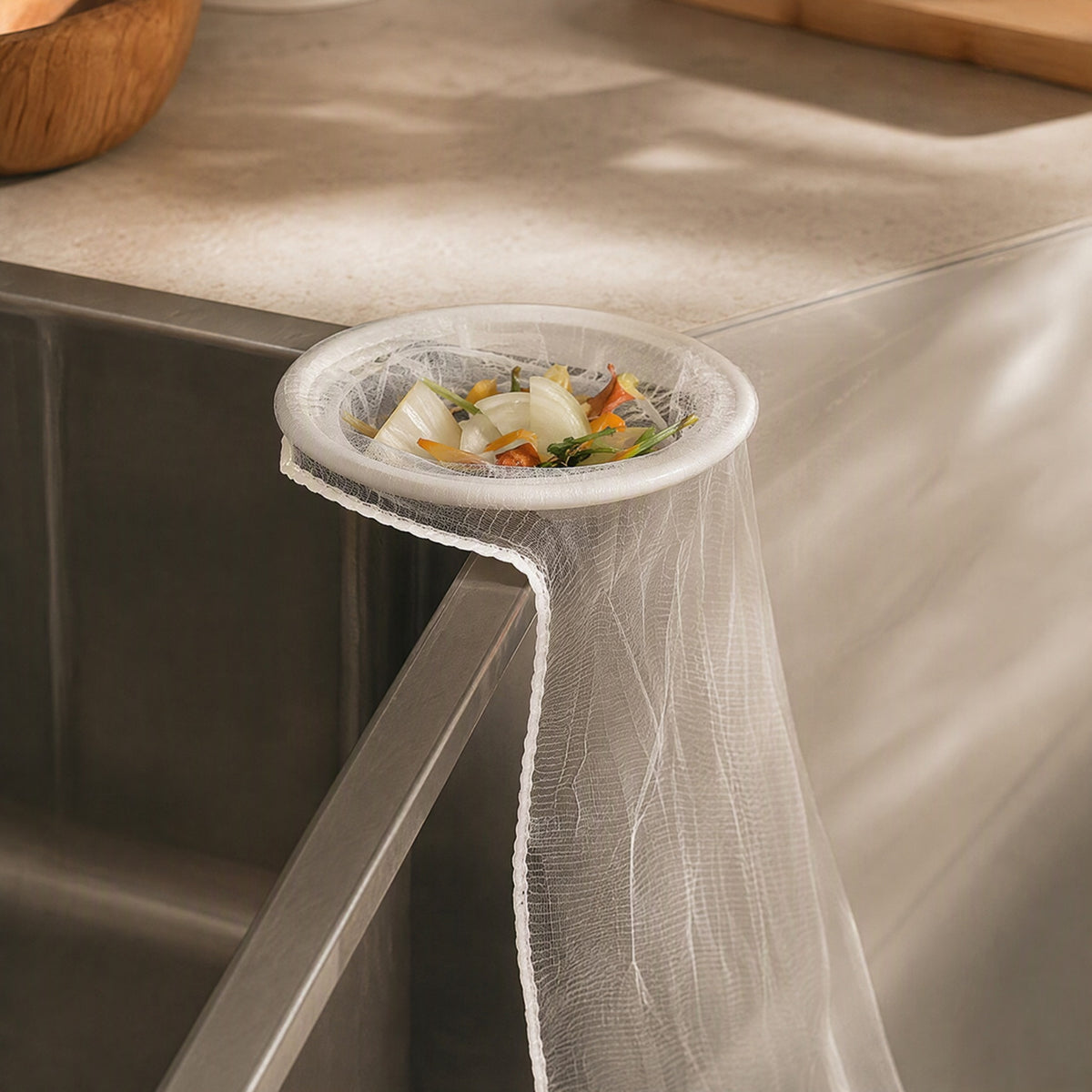 Scrapveil™ Disposable Nylon Sink Garbage Filter, styled close view