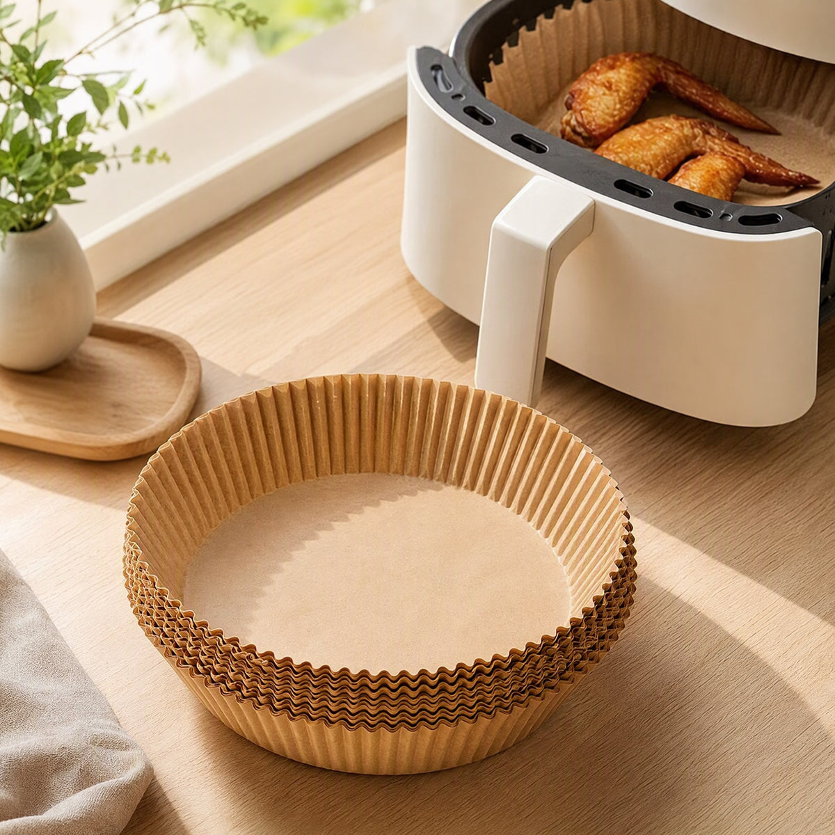 Greasefold™ Air Fryer Greaseproof Paper Liners in a calm home setting