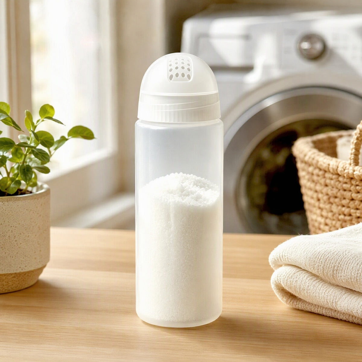 Powderbin™ White Laundry Powder Storage Box in a calm home setting