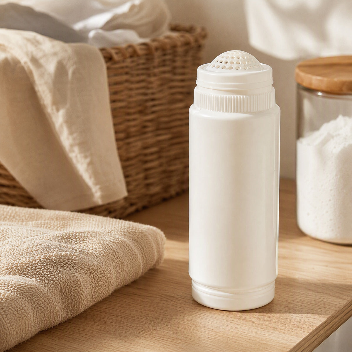 Powderbin™ White Laundry Powder Storage Box, styled close view