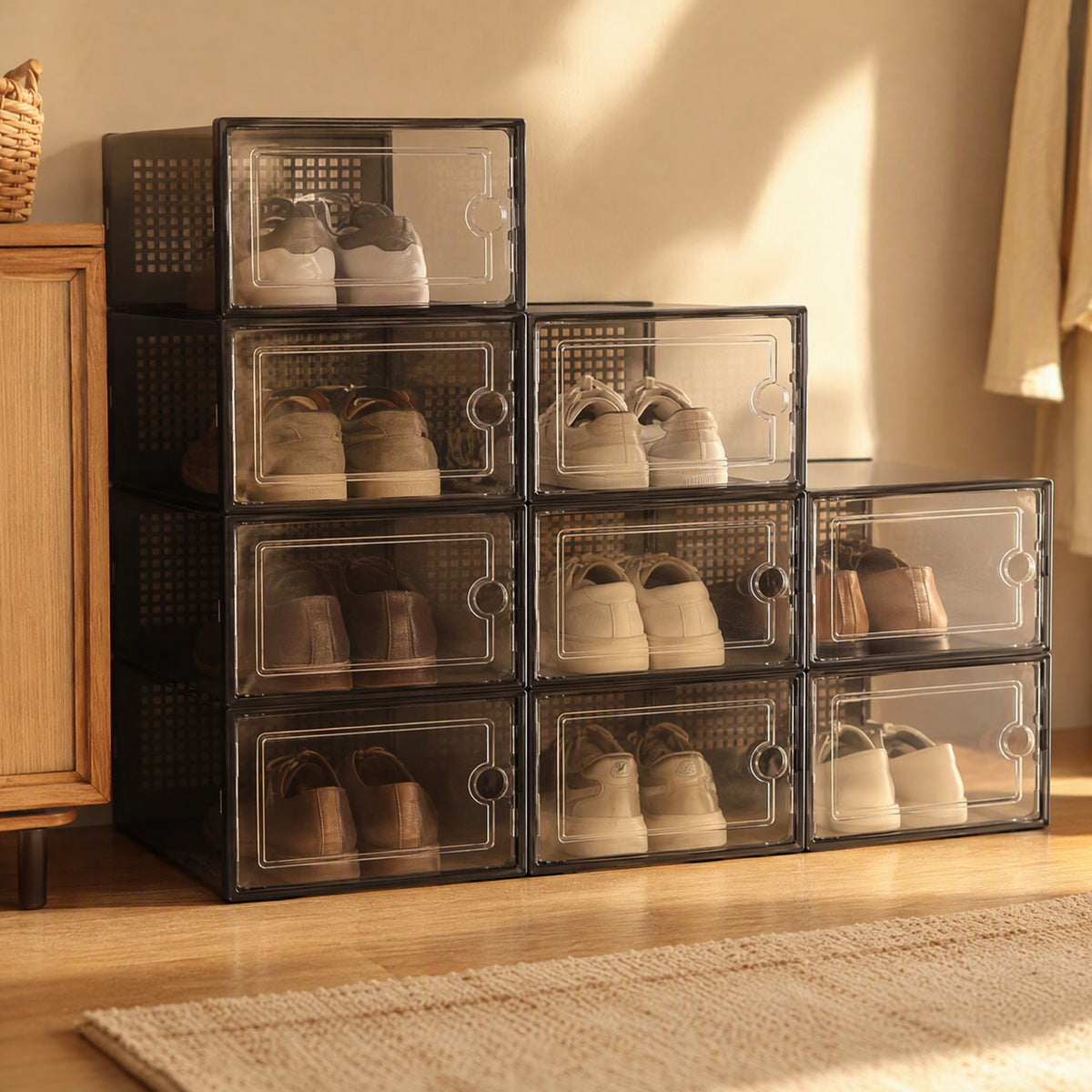 Shoepeek™ Transparent Plastic Shoe Storage Box, styled close view