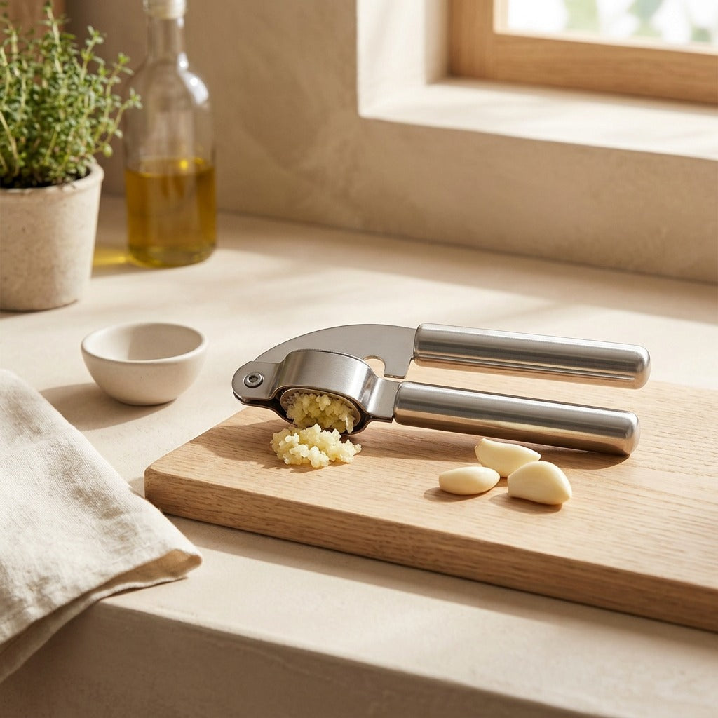Garlicmash™ Stainless Steel Garlic Press in a calm home setting
