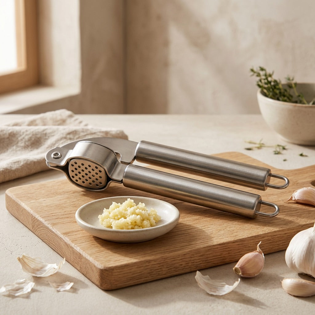 Garlicmash™ Stainless Steel Garlic Press, styled close view