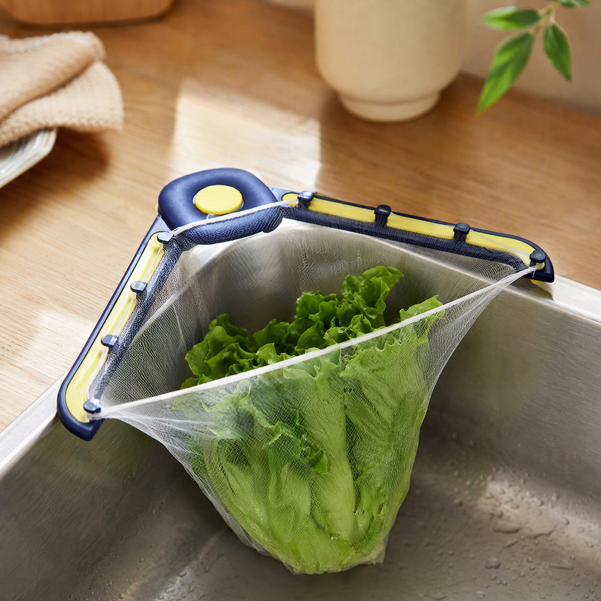 Sinkfold™ Foldable Plastic Sink Filter Rack, styled close view