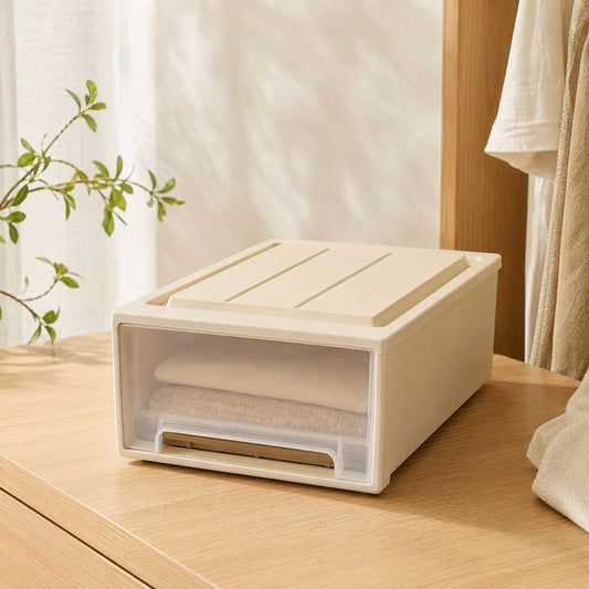 Drawerstack™ Stackable Plastic Drawer Storage Box in a calm home setting