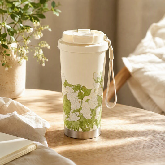 Printpour™ Printed Stainless Steel Coffee Cup in a calm home setting