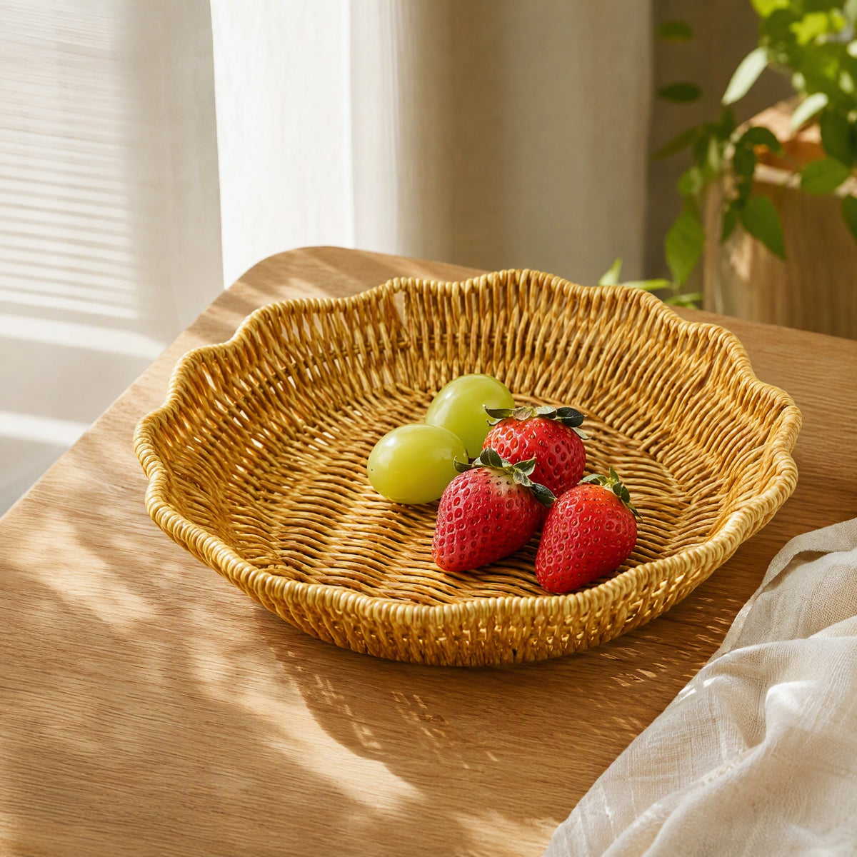 Fruitweave™ Yellow Floral Imitation-Rattan Fruit Basket in a calm home setting