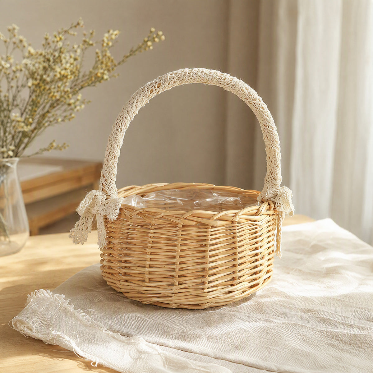 Strawloom™ Straw Woven Flower Basket in a calm home setting
