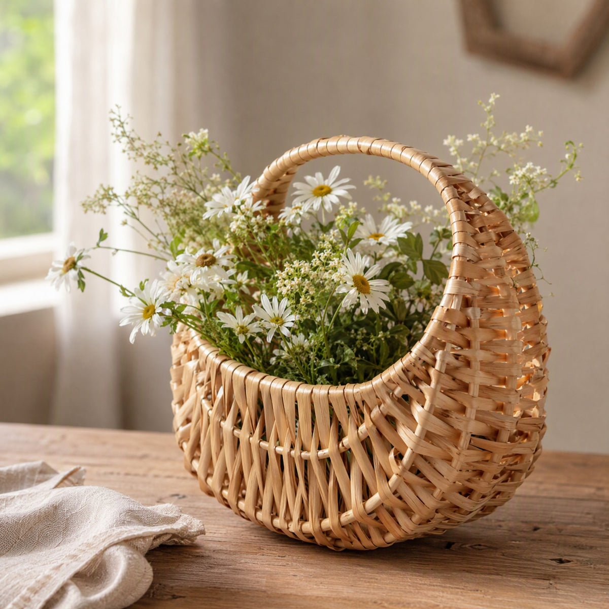 Strawloom™ Straw Woven Flower Basket, styled close view