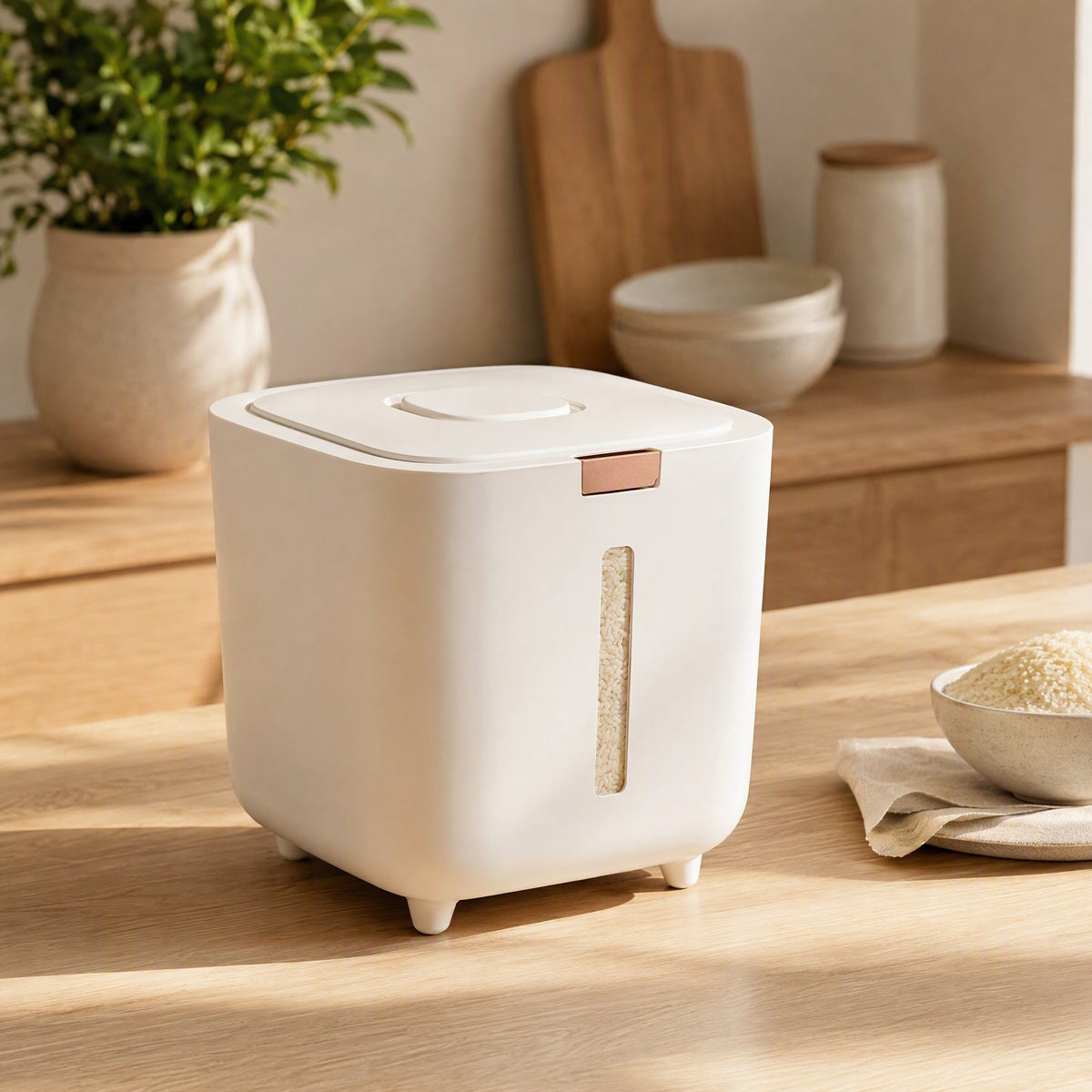 Riceseal™ Plastic Rice Storage Box in a calm home setting