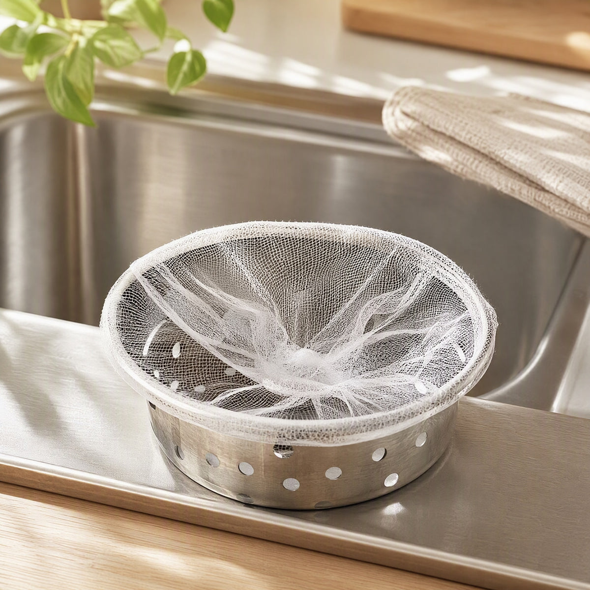 Netveil™ Polyester Sink Filter Net in a calm home setting