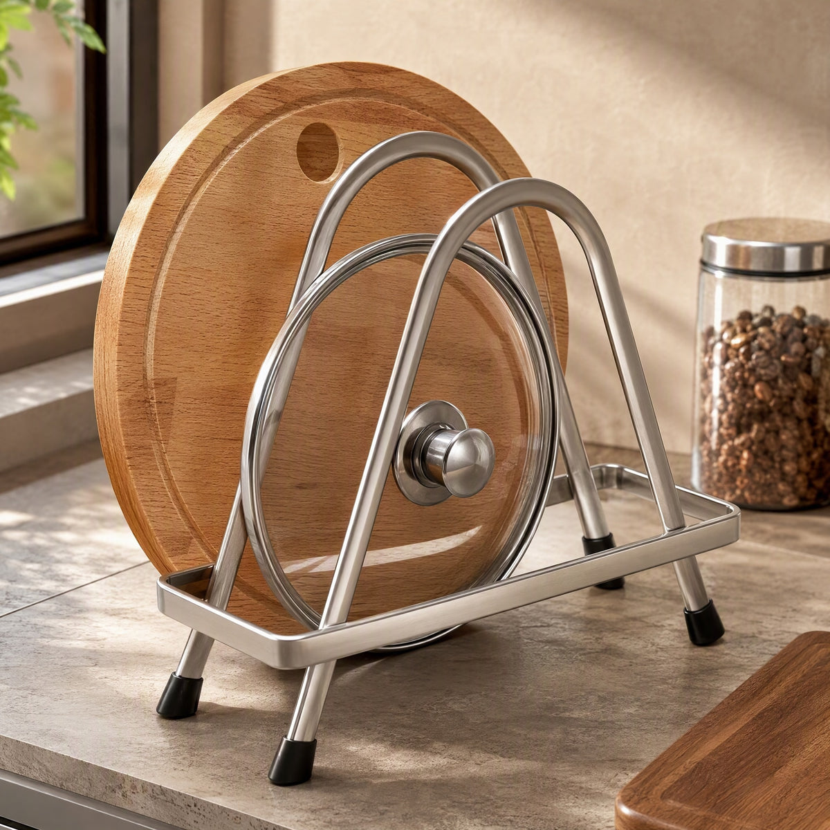 Boardrack™ Stainless Steel Cutting Board Rack, styled close view