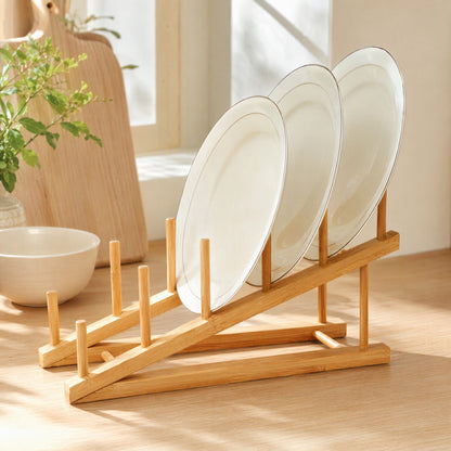 Platerest™ Bamboo Plate Storage Rack in a calm home setting