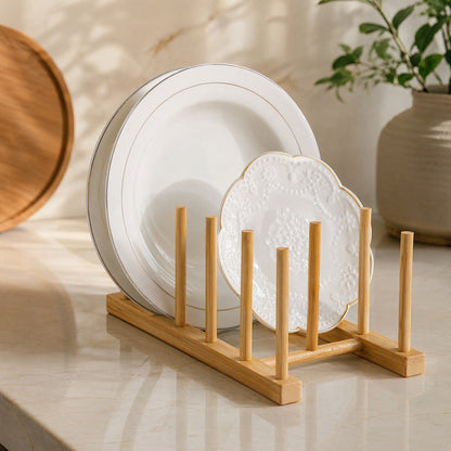 Platerest™ Bamboo Plate Storage Rack, styled close view