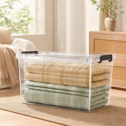 Clearfold™ Transparent Plastic Clothes Storage Box in a calm home setting