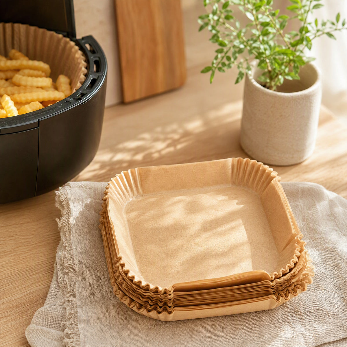 Panveil™ Silicone Paper Air Fryer Liners in a calm home setting