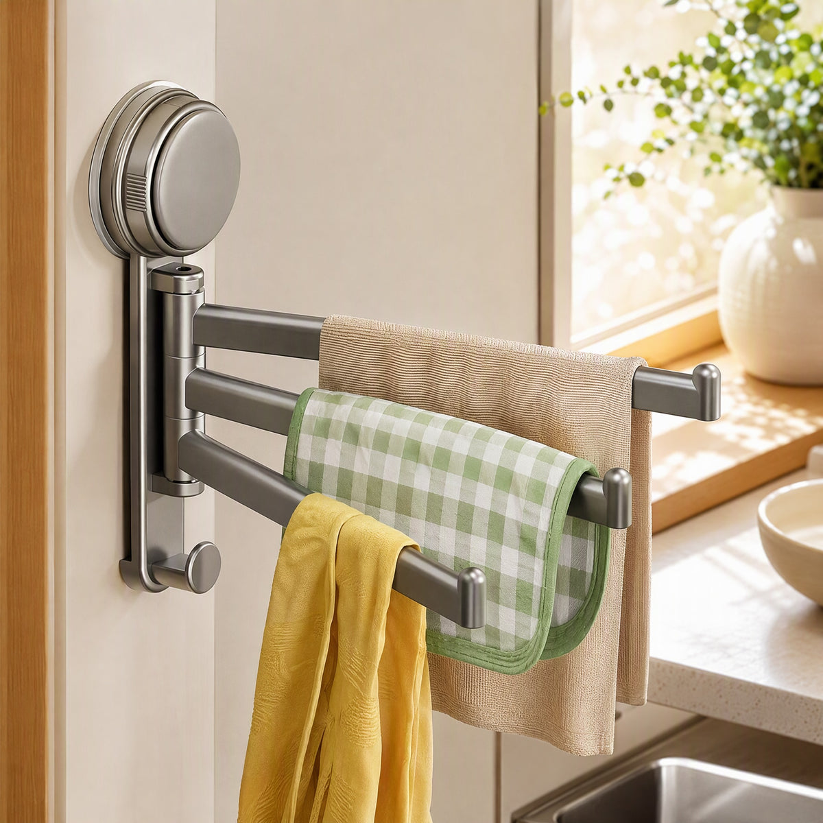 Wallcling™ Suction Cup Wall-Mounted Towel Rack in a calm home setting
