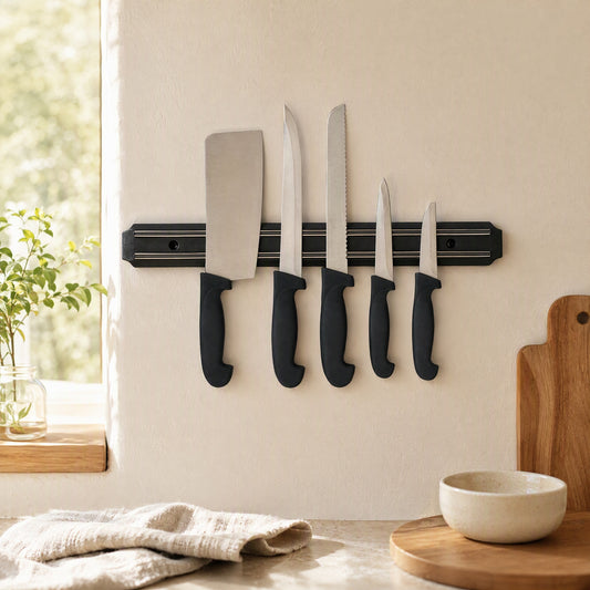 Knifemag™ Stainless Steel Magnetic Knife Holder in a calm home setting