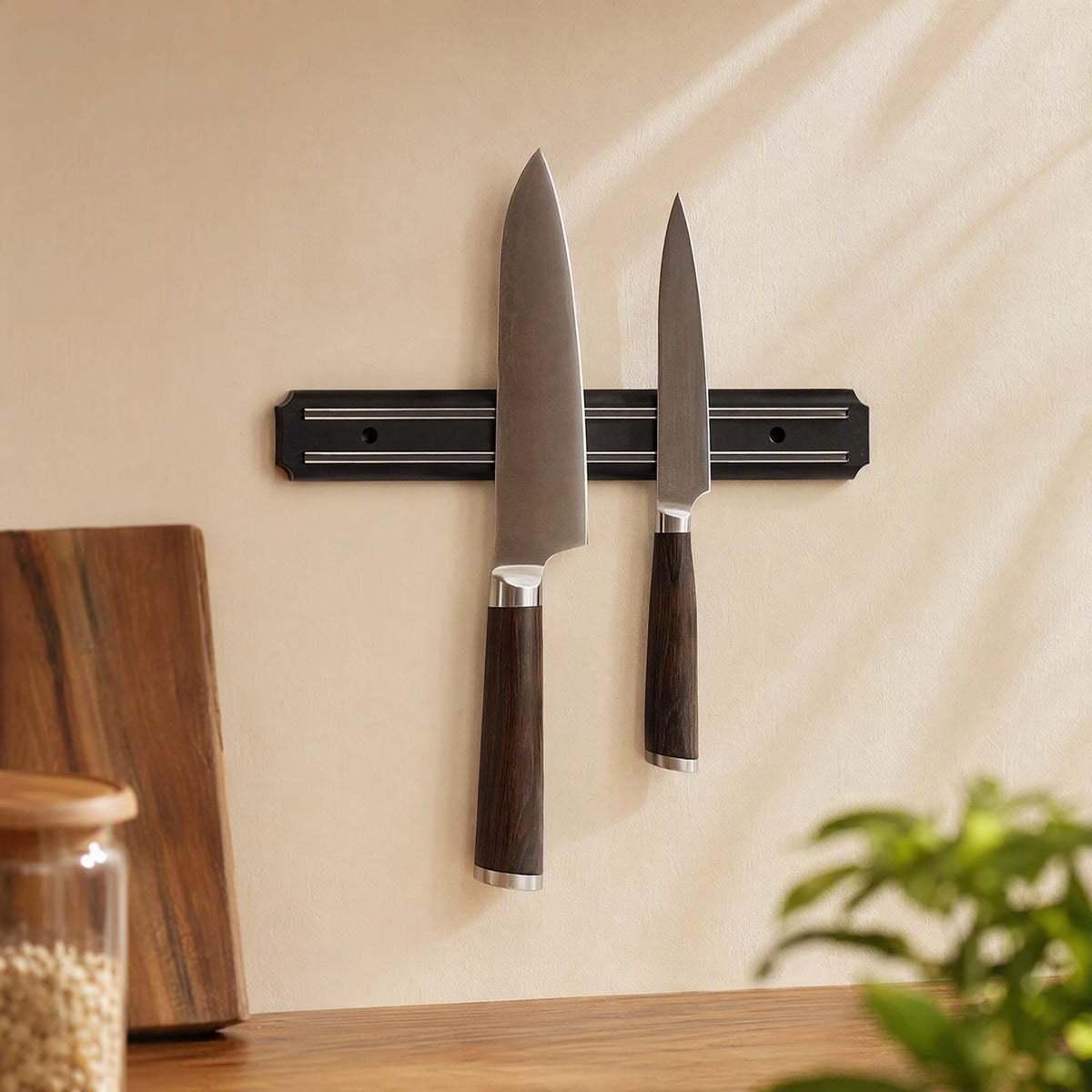 Knifemag™ Stainless Steel Magnetic Knife Holder, styled close view