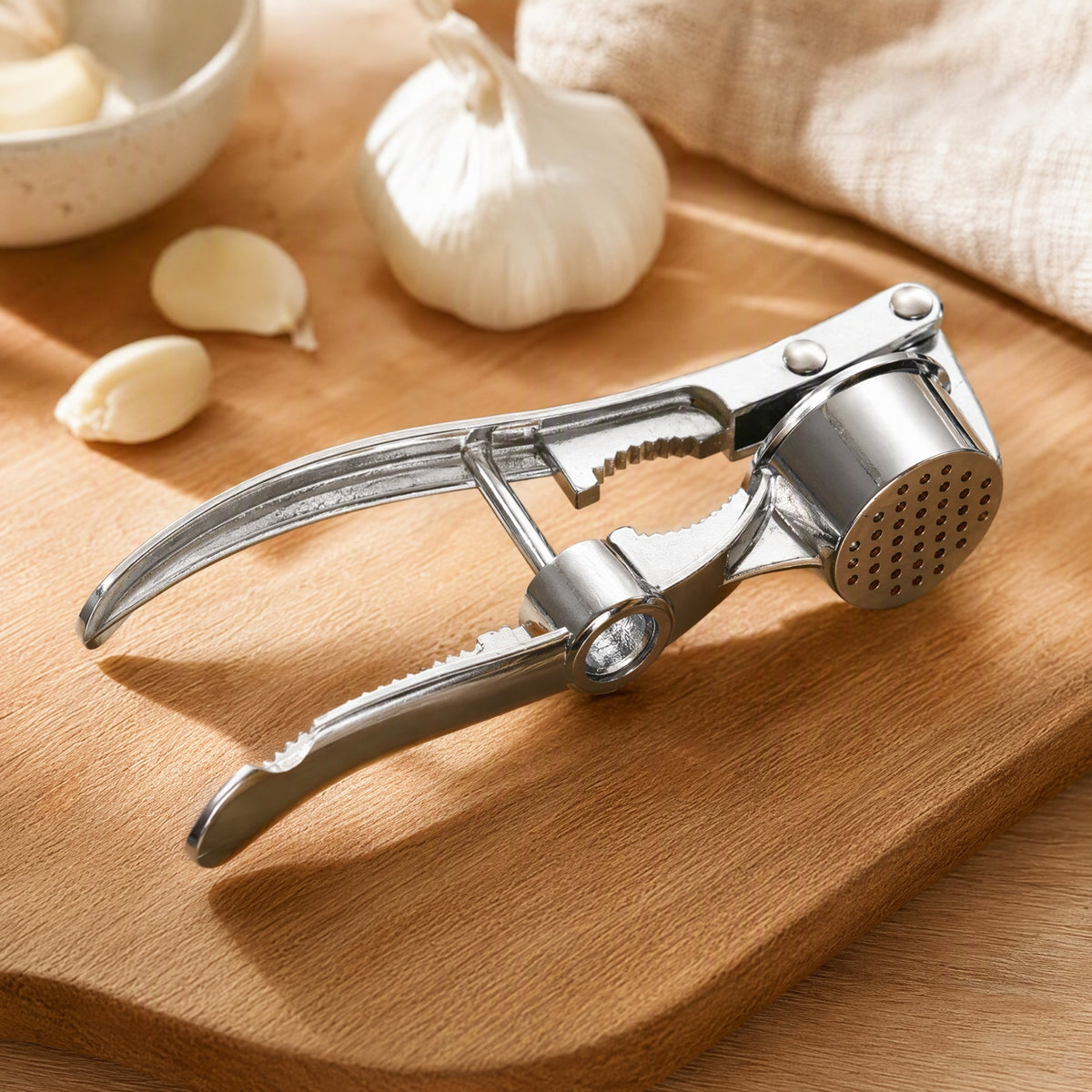 Alumpress™ Aluminum Alloy Garlic Press, styled close view