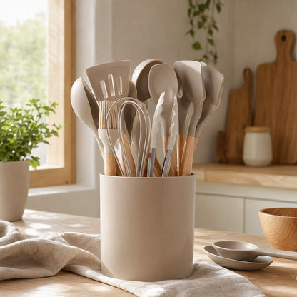 Stirflex™ 14-Piece Silicone Kitchen Tools Set in a calm home setting