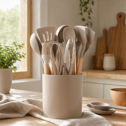 Stirflex™ 14-Piece Silicone Kitchen Tools Set in a calm home setting