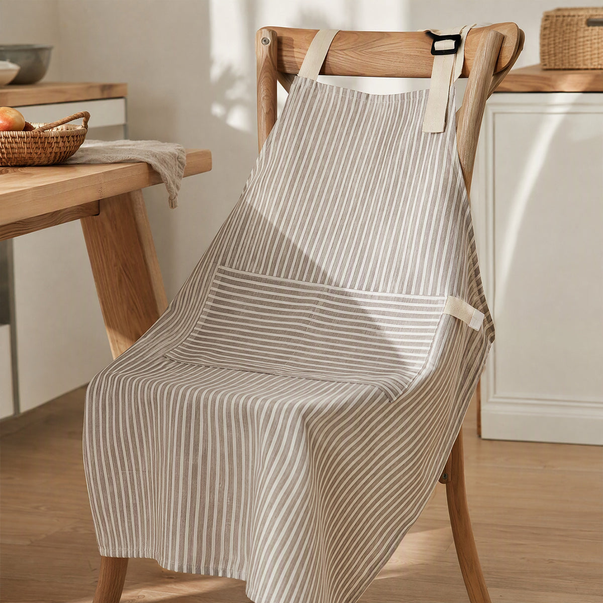 Loombib™ Cotton Linen Kitchen Apron, styled close view