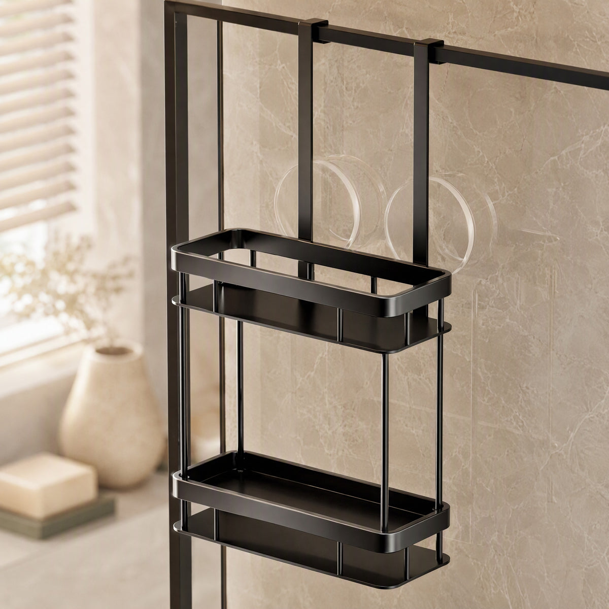 Tileperch™ Hole-Free Bathroom Storage Rack, styled close view