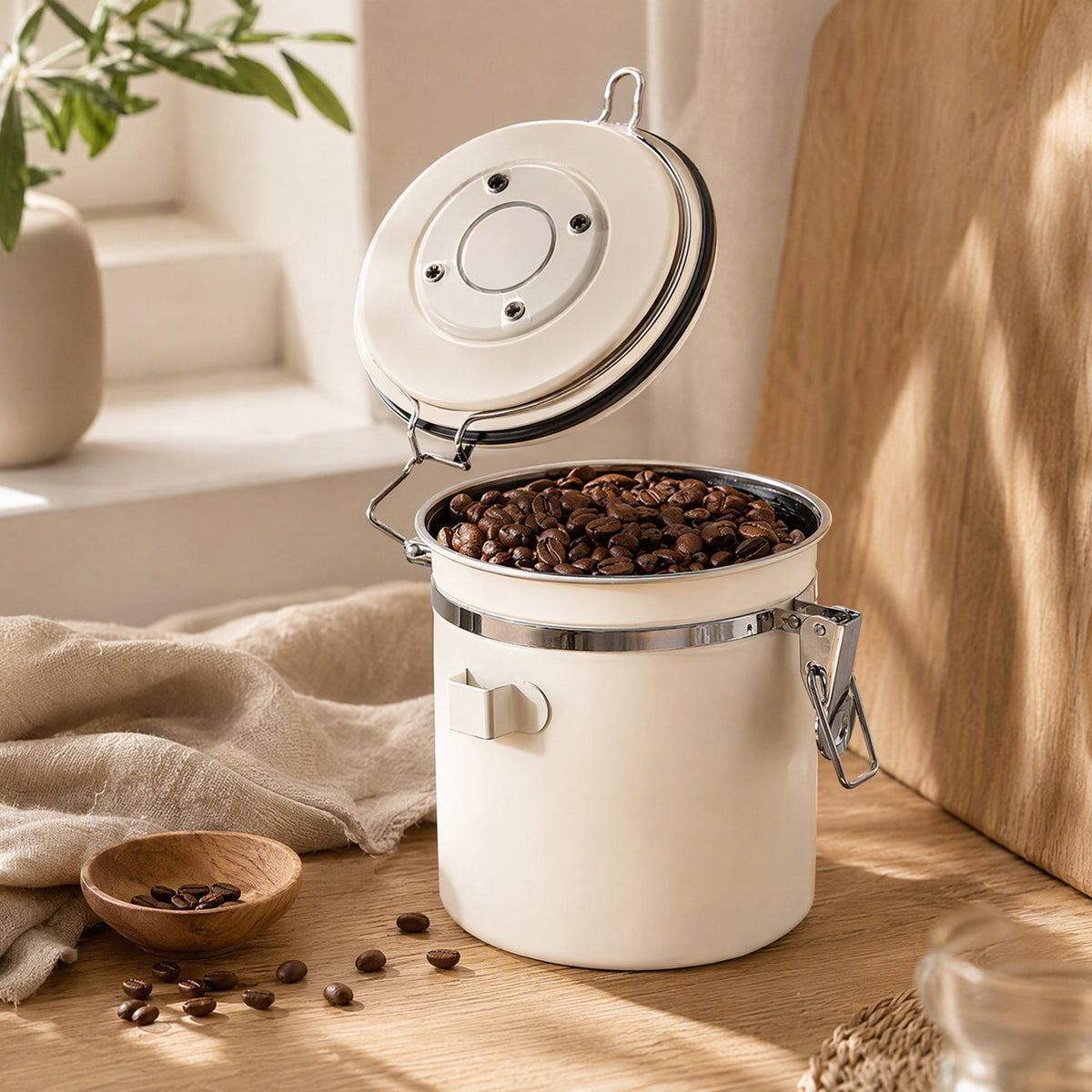 Beanseal™ Stainless Steel Coffee Canister in a calm home setting