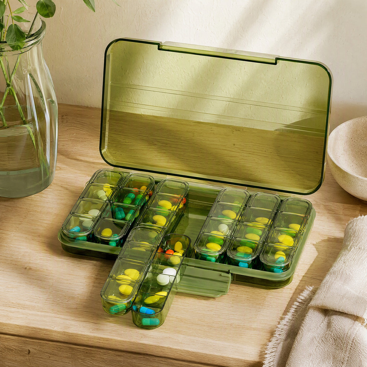 Mednook™ Medicine Storage Box With Compartments in a calm home setting