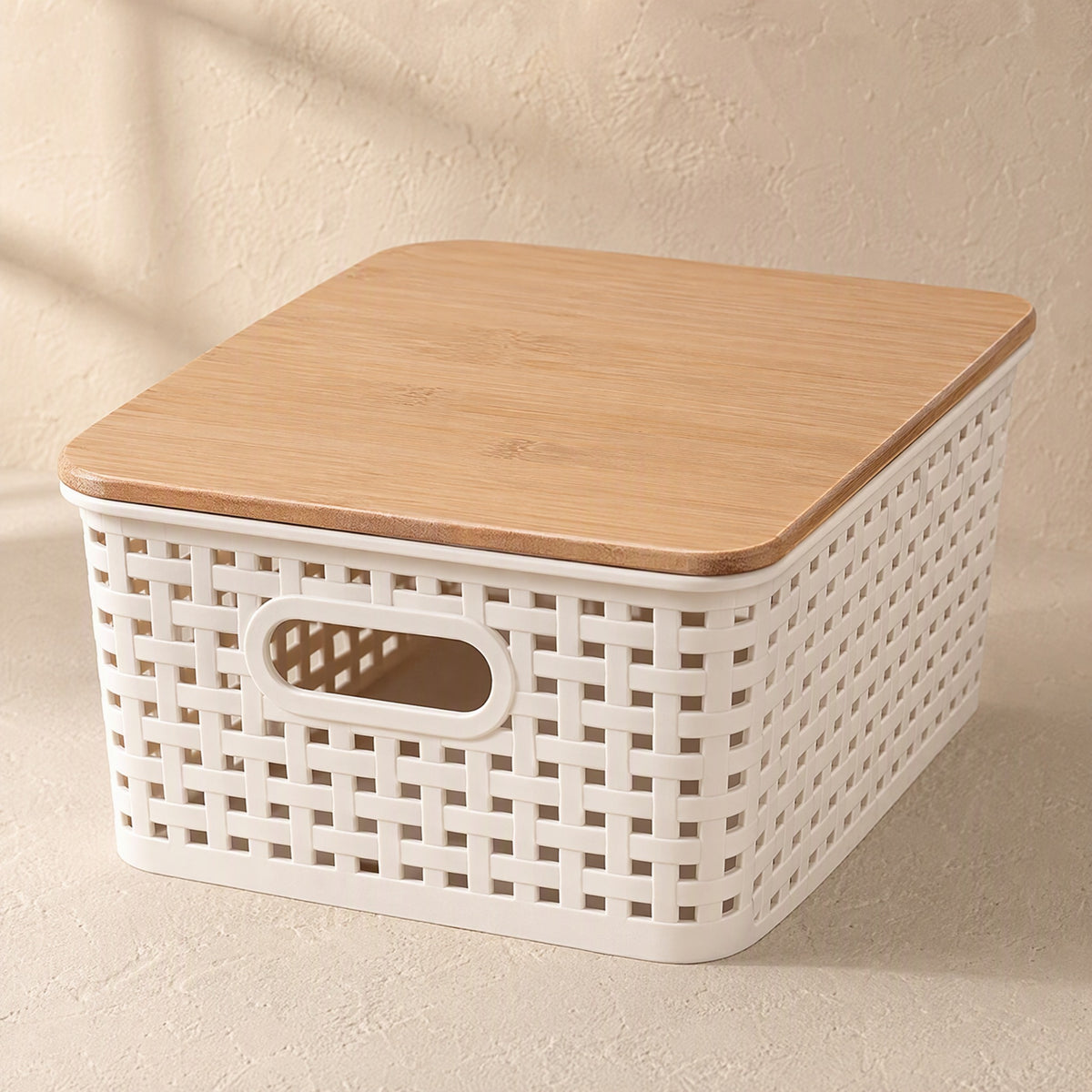 Bamboocap™ Plastic Desktop Storage Box With Bamboo Lid, material and detail close-up