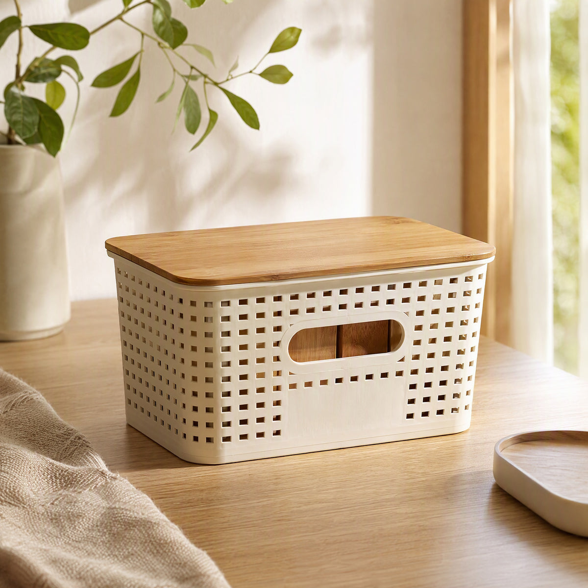 Bamboocap™ Plastic Desktop Storage Box With Bamboo Lid in a calm home setting