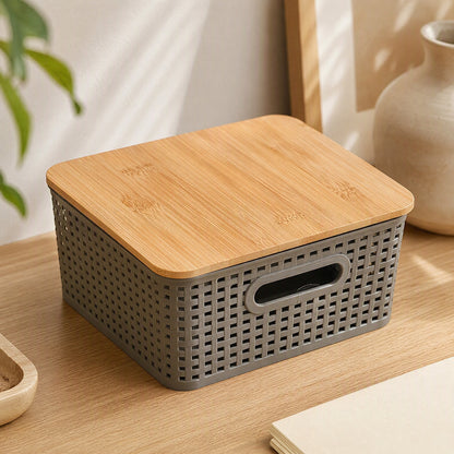 Bamboocap™ Plastic Desktop Storage Box With Bamboo Lid, styled close view