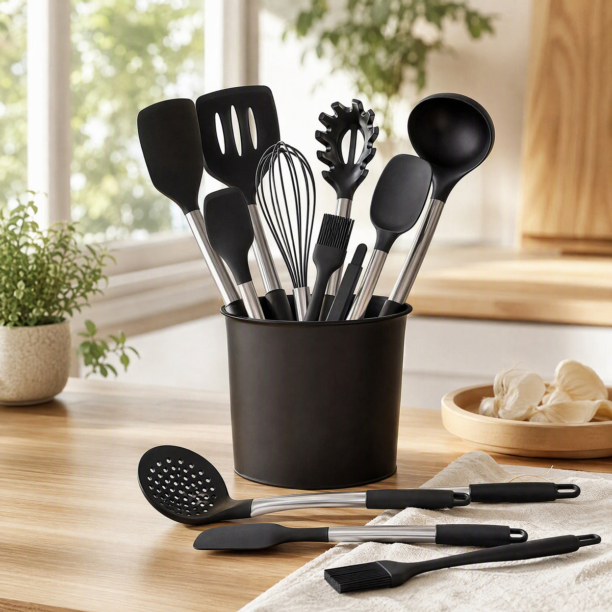 Cookglide™ Silicone Kitchen Utensil Set in a calm home setting