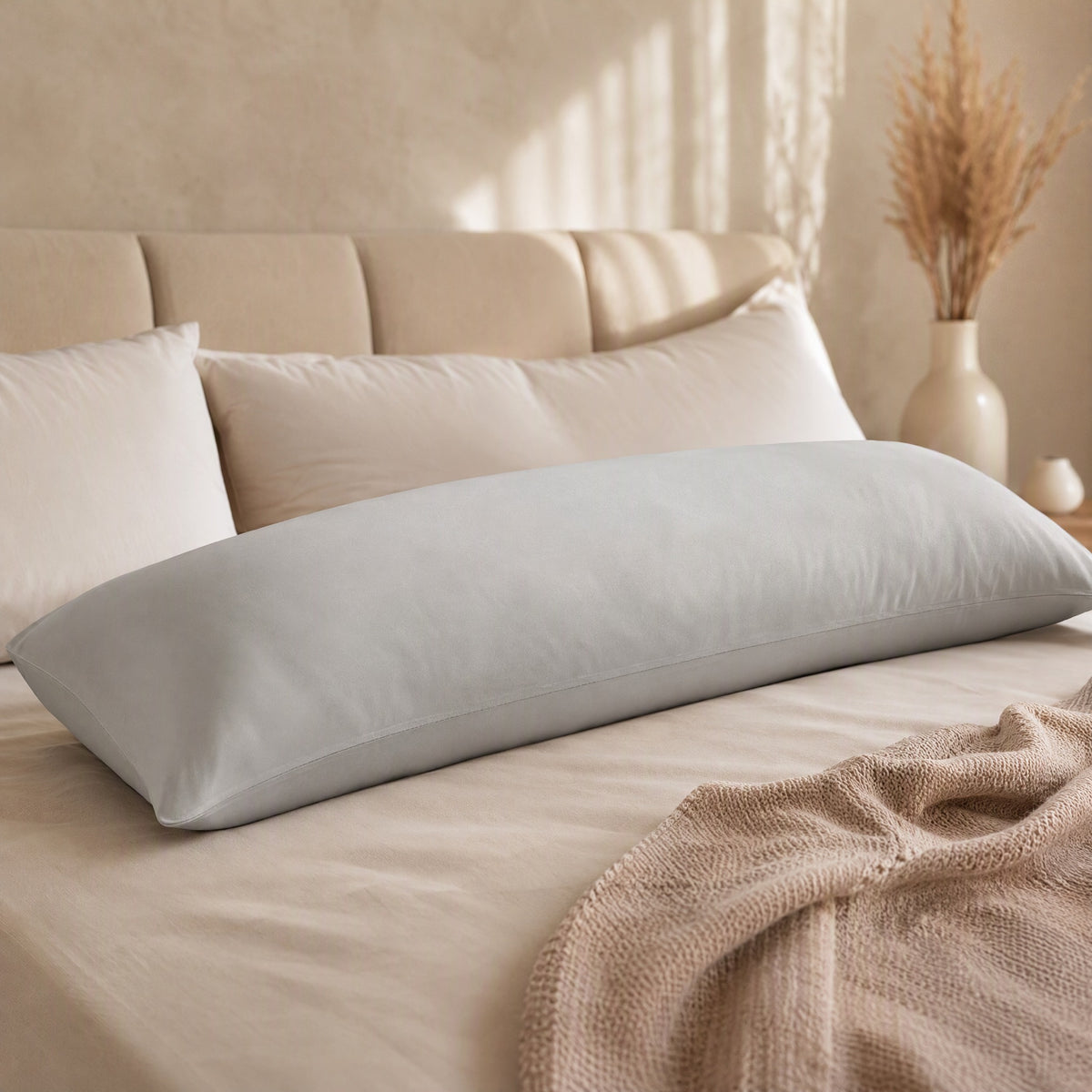 Satinwrap™ Polyester Satin Body Pillowcase, 20 × 54 In, styled close view