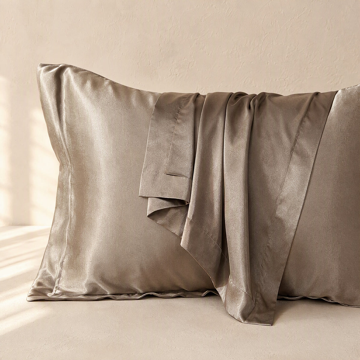 Silkfloat™ Polyester Silk Pillowcase, material and detail close-up