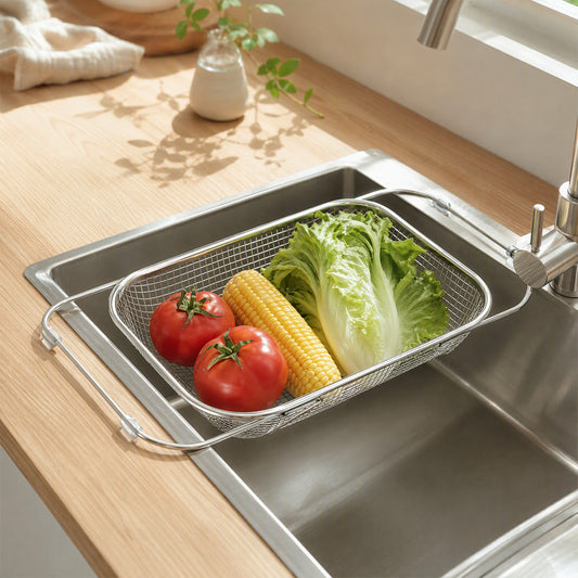 Rinsebin™ Stainless Steel Sink Draining Basket in a calm home setting