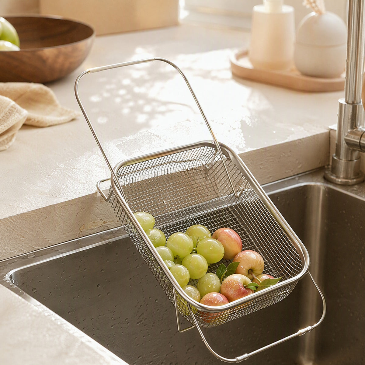Rinsebin™ Stainless Steel Sink Draining Basket, styled close view