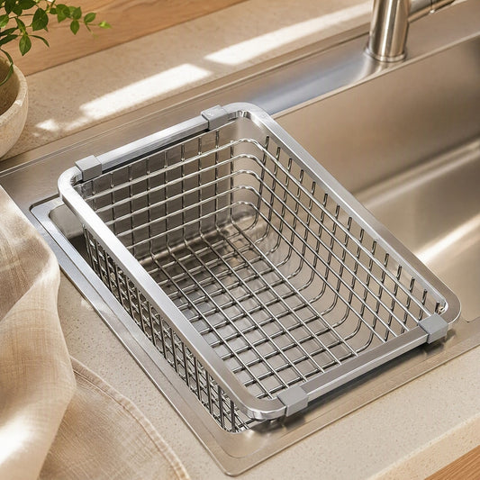 Drainwell™ Stainless Steel Sink Drain Basket in a calm home setting