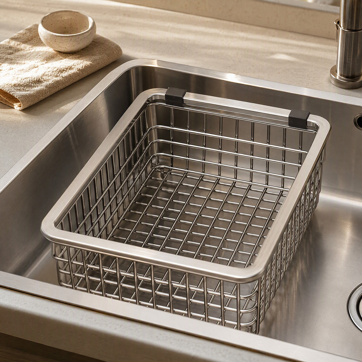 Drainwell™ Stainless Steel Sink Drain Basket, styled close view