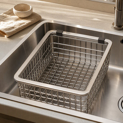 Drainwell™ Stainless Steel Sink Drain Basket, styled close view